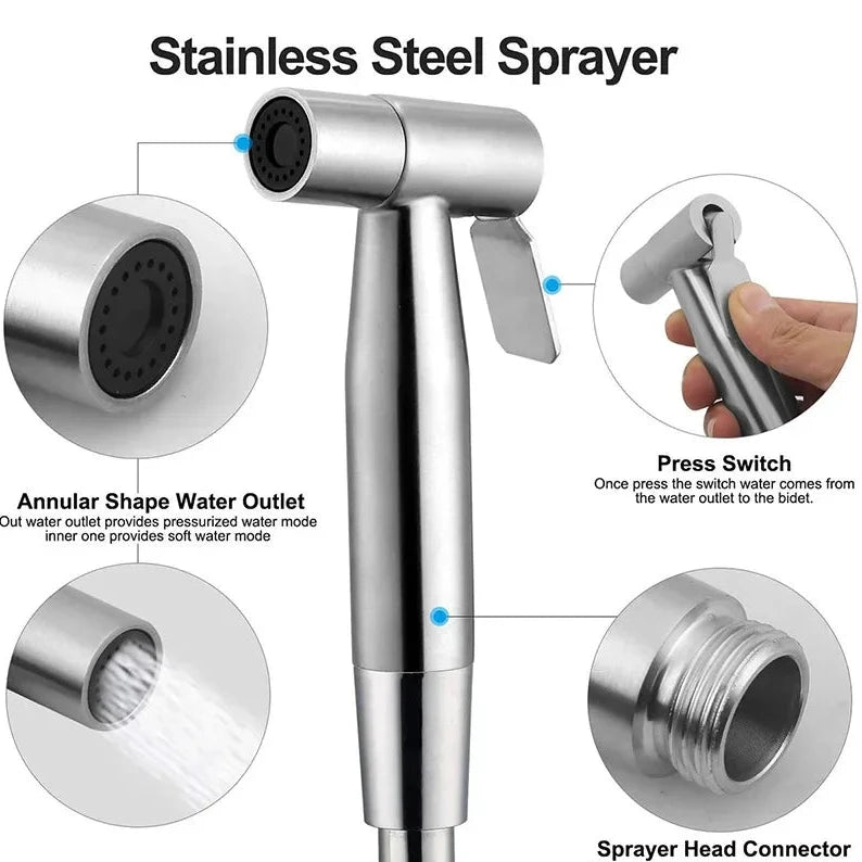 Stainless steel sprayer with detailed features on a white background