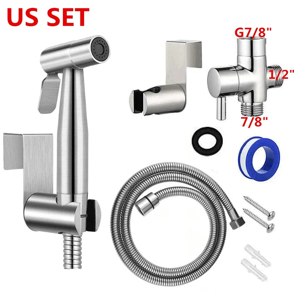 Set of plumbing components including a shower head, hose, and various connectors on a white background.