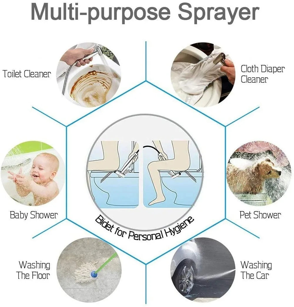 Multifunctional sprayer with various uses including toilet cleaner, cloth diaper cleaner, baby shower, pet shower, and car washing.