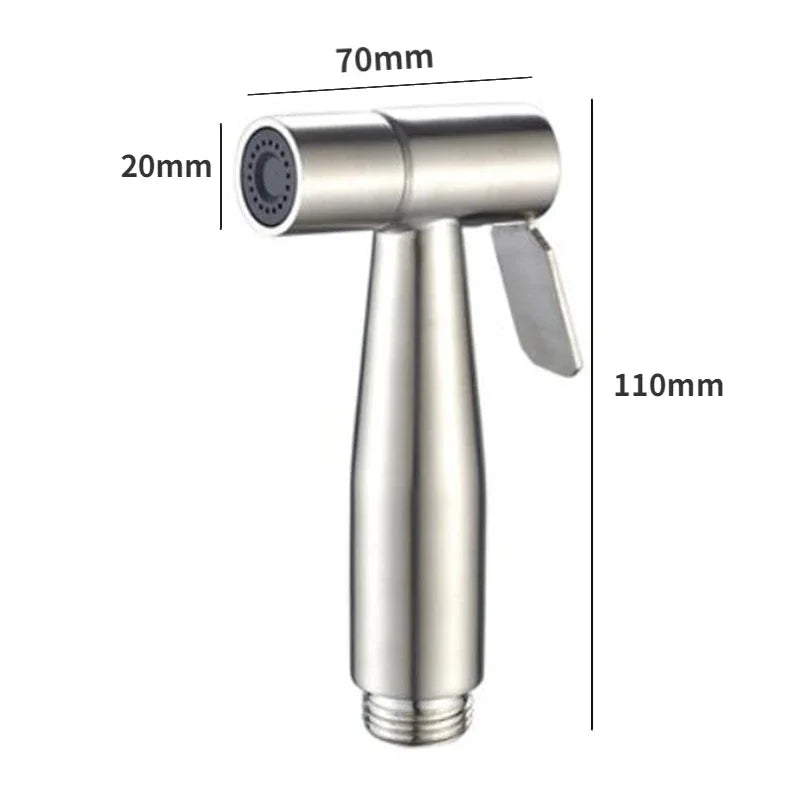 Handheld shower head with measurements on a white background