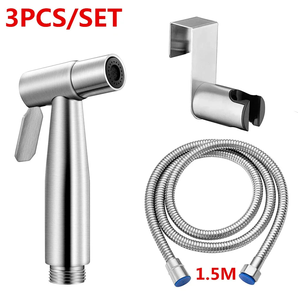 3-piece bathroom cleaning set with handheld shower, wall-mounted bracket, and flexible hose on a white background.